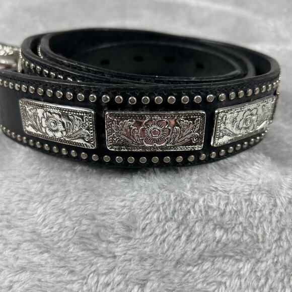 Nocona Belt Size 44 Black Silver Tone Concho's Vintage Leather Western Rodeo - Picture 2 of 8